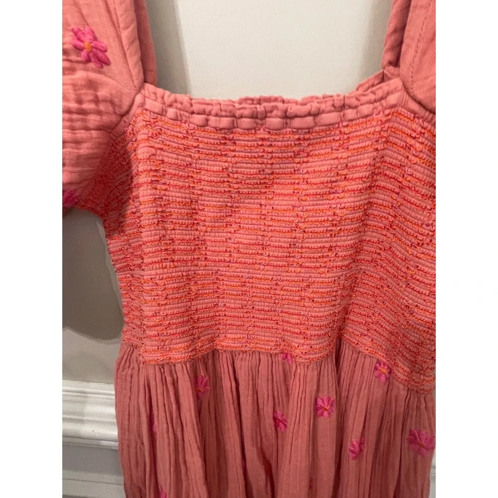 Free People XL Dahlia Embroidered Maxi Dress Coral Pink Smocked Puff Sleeve